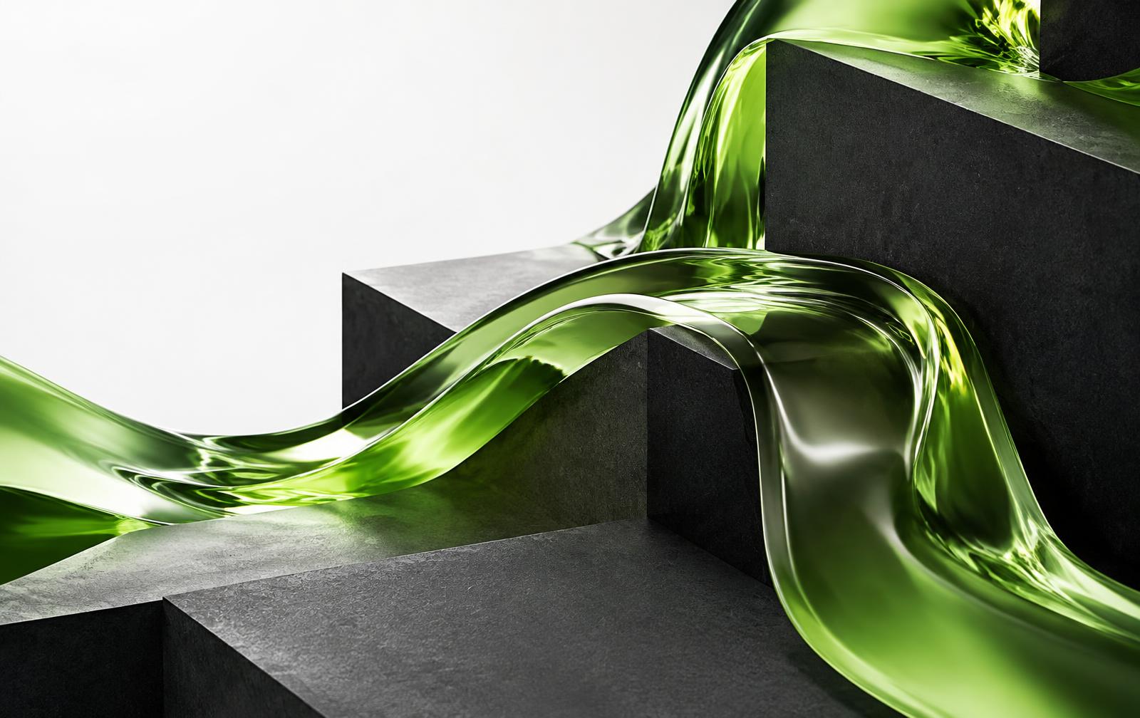 Lime glass ribbons flowing across charcoal architectural forms