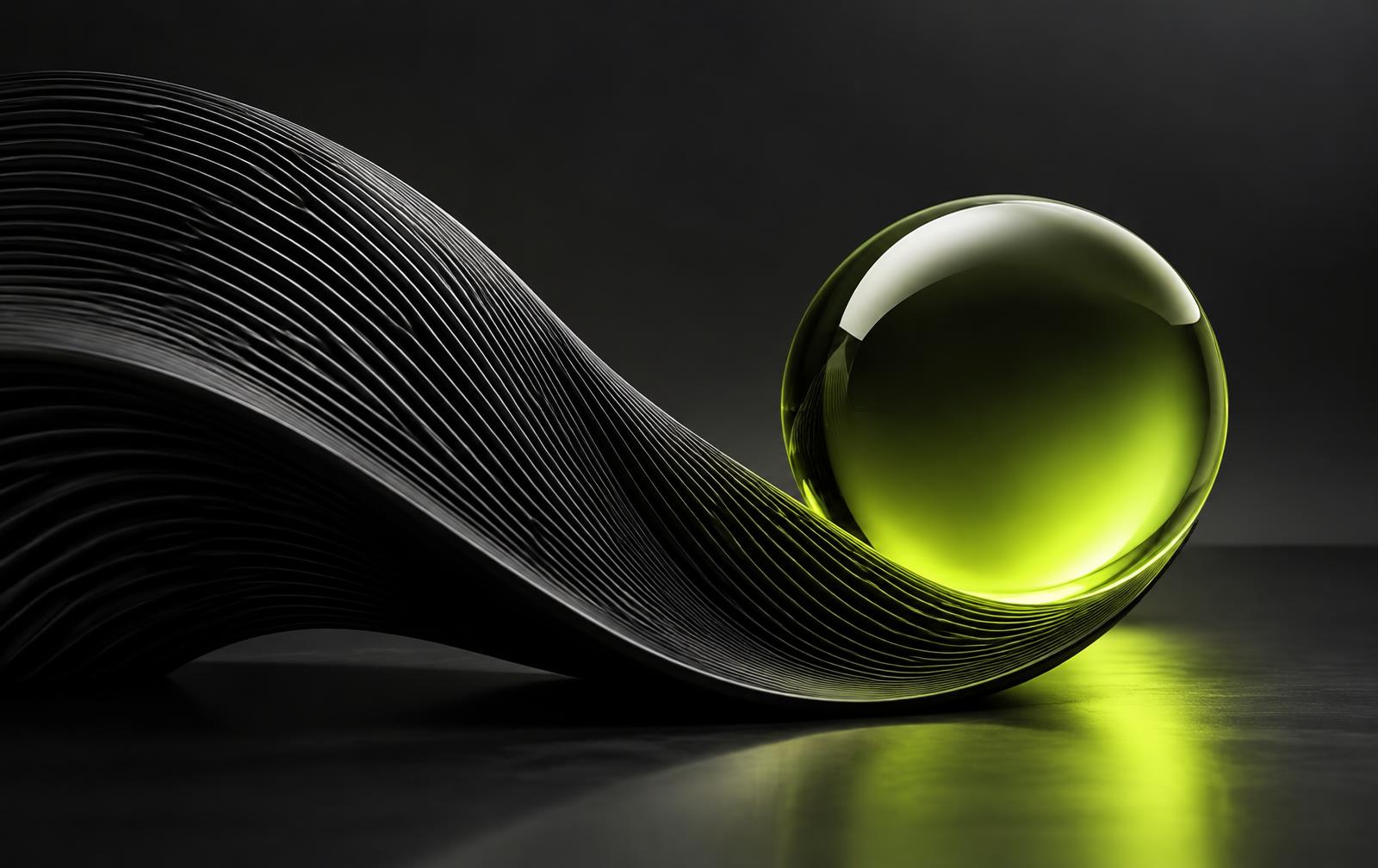 Lime glass sphere resting in a flowing black structure